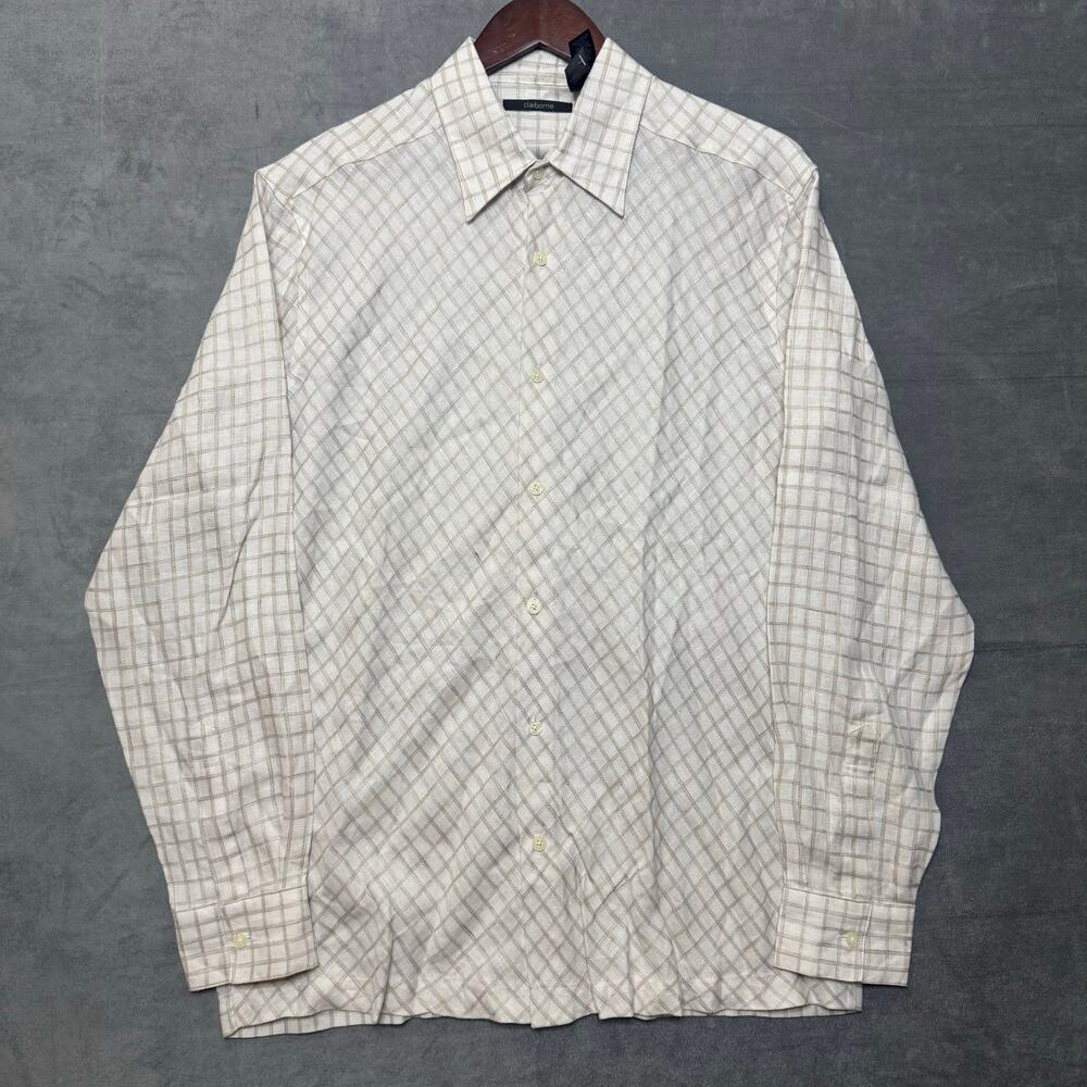 Claiborne Men's Long Sleeve Linen Button-Up Shirt Off-White Beige Checkered